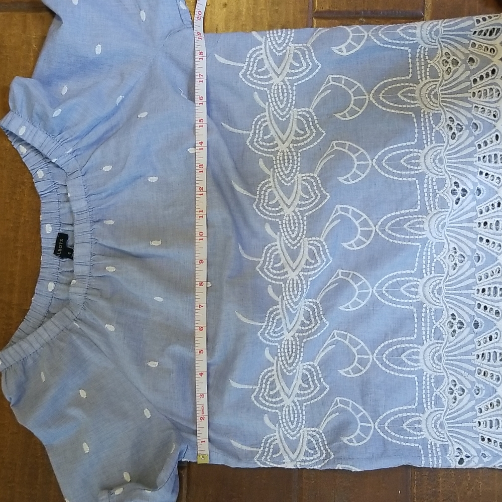 Talbots Womens Elastic Round Neck Light Blue White Lace Eyelet Shotsleeve Shirt - Picture 6 of 10